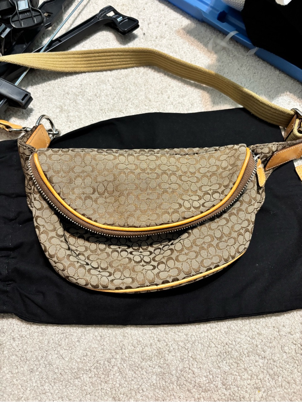 Coach Signature Canvas Crossbody Belt Bag in Khaki/Cream with Tan Trim